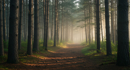 Obraz premium Misty morning forest path magical sunlight beams through trees enchanting scene