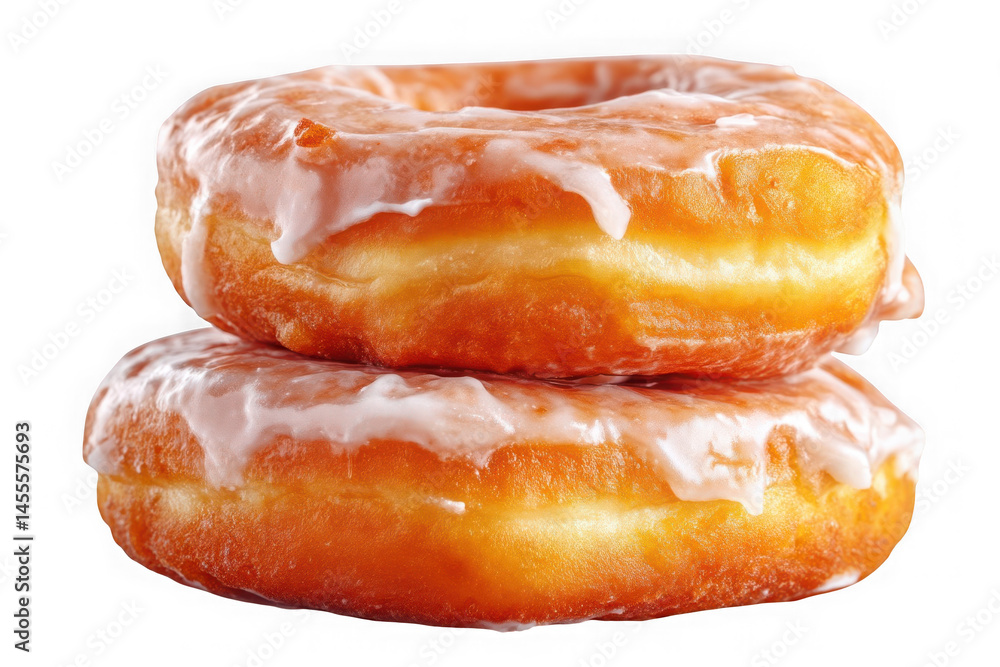 Poster a stack of two glazed donuts on a black background with soft lighting and a clean presentation