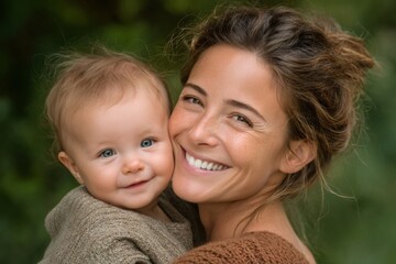 Mother holding her smiling baby in a park