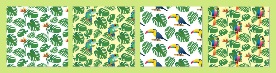 Set of seamless patterns with tropical leaves and exotic flowers and tropical animals. Repeating tropical plant pattern. Vector illustration
