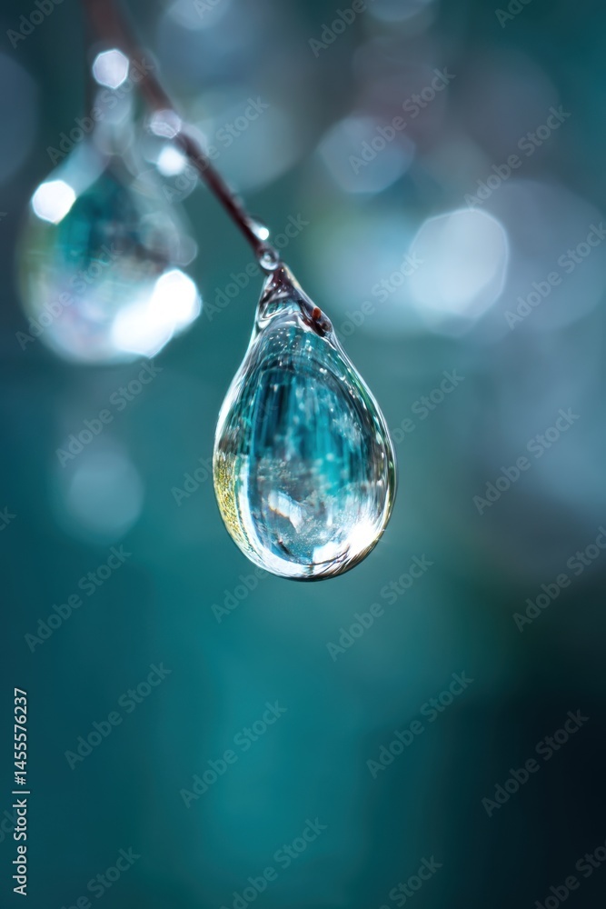 Poster captivating water droplet hanging from a twig with beautiful bokeh background and reflections