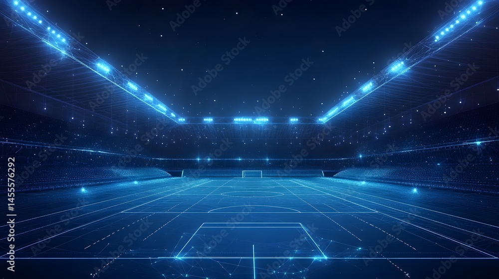 Poster futuristic blue stadium rendering featuring a vibrant, glowing field and tiered seating. illuminated