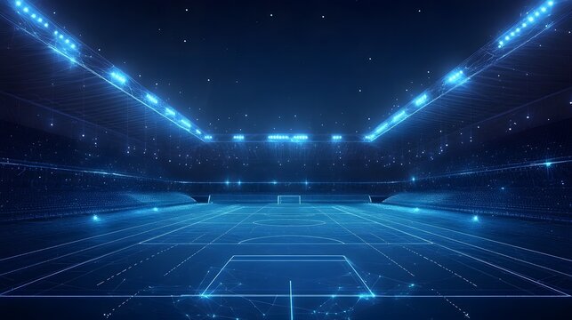 Futuristic blue stadium rendering featuring a vibrant, glowing field and tiered seating. Illuminated by bright lights, the arena has a modern, digital style. Abstract Digital low-poly wireframe