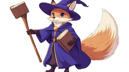 Adorable fox wizard cartoon illustration with book and staff