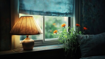 Warm lamp light on windowsill with flowers home interior cozy atmosphere