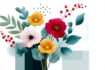 Colorful bouquet of flowers and leaves creating a beautiful floral composition