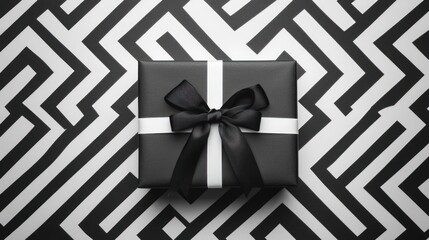 Elegant Black Gift Box on a Geometric Maze Pattern Background
