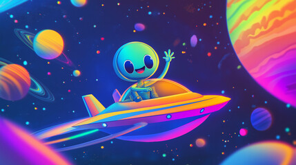 Cute Alien Flying a UFO in Colorful Outer Space – World UFO Day Celebration