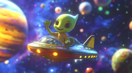 Cute Alien Flying a UFO in Colorful Outer Space – World UFO Day Celebration
