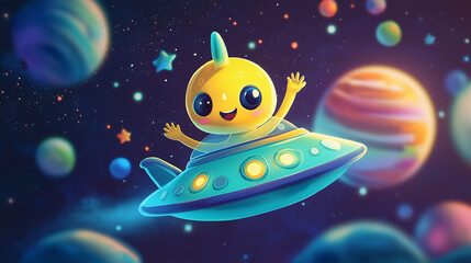 Naklejka premium Cute Alien Flying a UFO in Colorful Outer Space – World UFO Day Celebration