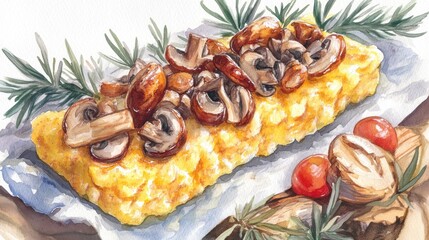 Polenta with mushrooms and rosemary watercolor painting