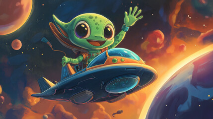 Fototapeta premium Happy Alien in a UFO Surrounded by Colorful Planets – World UFO Day Artwork
