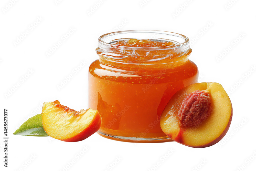 Poster peach jam in a jar with peach halves and a slice on a black background