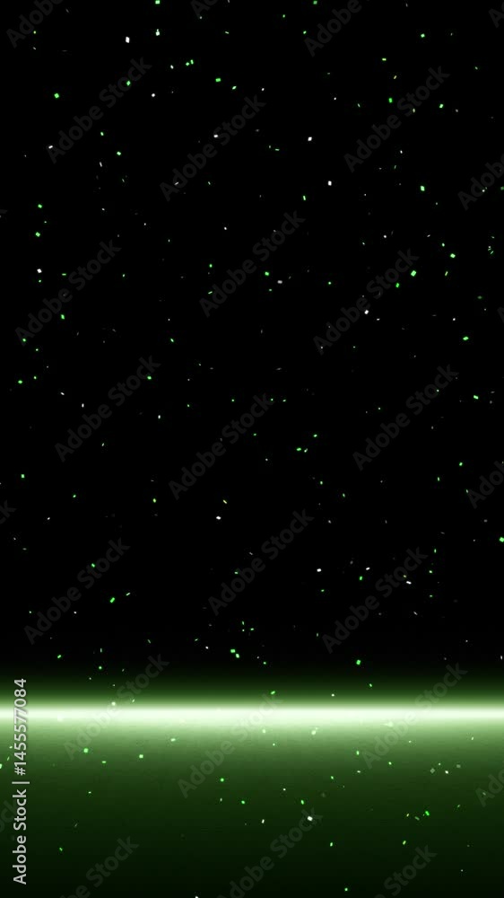 Poster glowing green confetti loop falling down on black vertical copy space background.