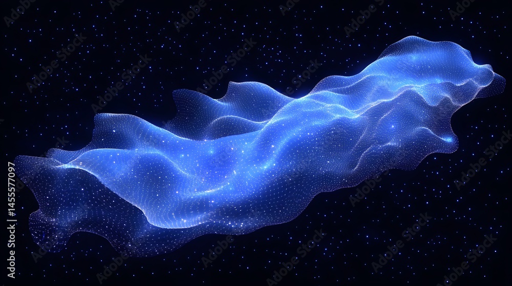 Poster ethereal blue mesh undulates against a starlit expanse. a digital soundscape visual with depth and p