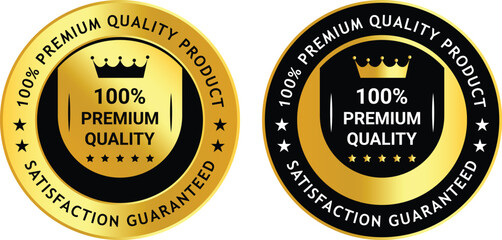 Two golden and black premium quality guarantee badges with crown icons and bold text	