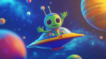 Happy Alien in a UFO Surrounded by Colorful Planets – World UFO Day Artwork