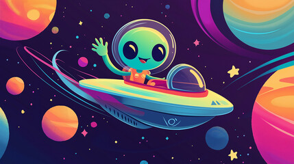 Happy Alien in a UFO Surrounded by Colorful Planets – World UFO Day Artwork