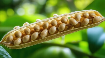 Open seed pod with rows of seeds on green background
