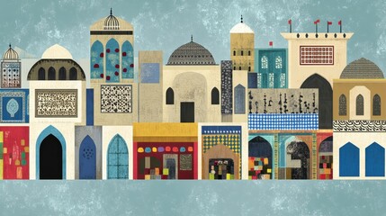 Architectural diversity presented through a charming compilation of illustrated urban buildings evoking a feeling of community spirit and culture exploration
