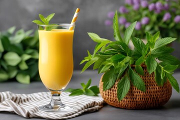 Refreshing mango lassi decorated with mint leaves next to wicker basket full of mint