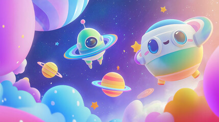 Colorful Alien Astronauts and Spaceship in a Dreamy Outer Space – World UFO Day Celebration