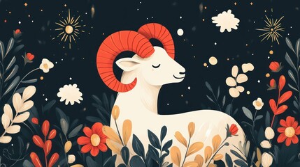 Serene ram in blooming garden nighttime floral illustration