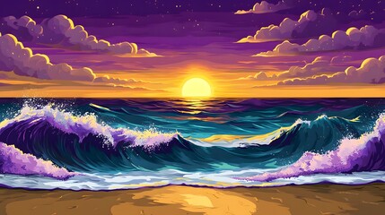 A Vibrant Sunset Over Ocean Waves Rolling Towards Sandy Beach