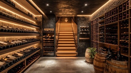 A luxurious wine cellar with dim lighting and custom wood shelving