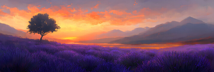 Naklejka premium Tranquil Sunset Over Lavender Fields: A Serene Oil Painting Landscape