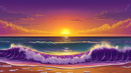 Beautiful ocean waves roll under a vibrant colorful sunset sky