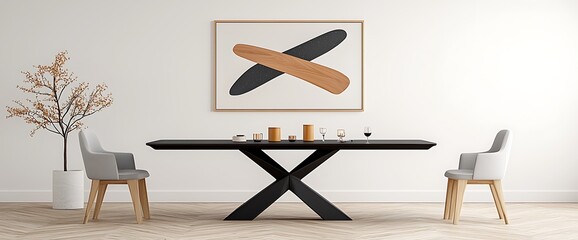 Modern dining room with table, chairs, artwork, candles, and decorative plant