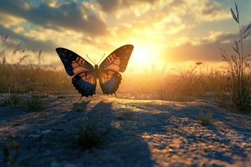 metaphorical scene with butterfly's shadow as a soaring bird, ambition and hope symbolism, digital 3D art