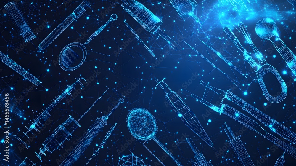 Aufkleber digital surgical instruments visualized with blue wireframes on a dark blue backdrop. abstract digit