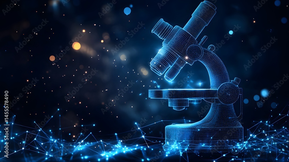 Aufkleber Digital microscope blueprint amidst a bokeh backdrop. Illustrates scientific advancement and research with precision. Abstract Digital low-poly wireframe connected dots in dark blue.
