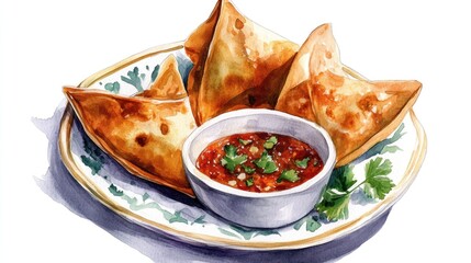 Watercolor samosas with dipping sauce