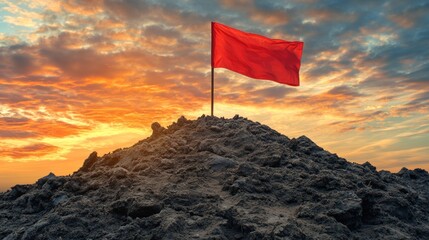 Red Flag on Hilltop at Sunset: A Symbol of Achievement and Success