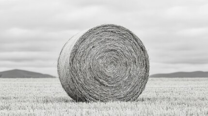Round Straw Bale Surrounded by Open Field under Gray Sky