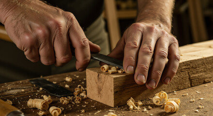 Carpenter using chisel on wooden block with wood shavings on workbench. Skilled craftsmanship for furniture making and woodworking masterclass demonstrations
