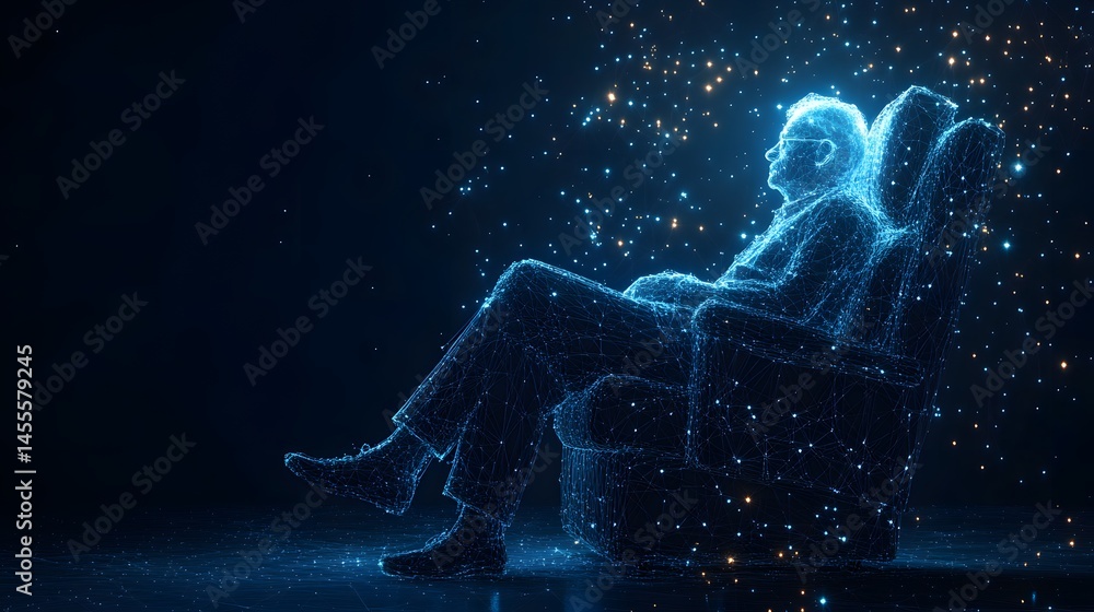 Fototapete futuristic digital art showcasing a person relaxing in a wireframe armchair. luminescent blue figure