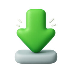 Playful 3D green arrow lands on a soft grey platform, depicting digital download or entry action.