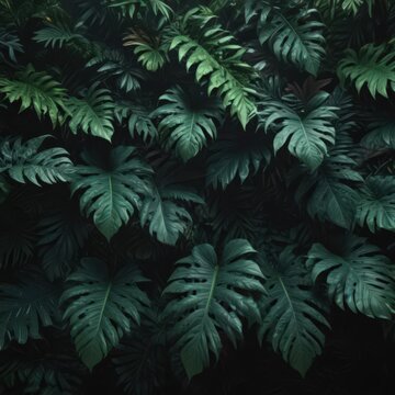 Intricate dark foliage pattern; lush exotic leaves, shadows, vibrant emerald, deep jungle green, vibrant, emerald green, pattern