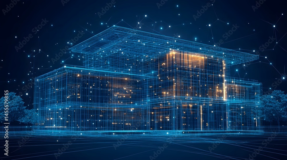 Aufkleber Modern layered building with glowing elements, trees, and a celestial structure. Abstract Digital low-poly wireframe connected dots in dark blue.