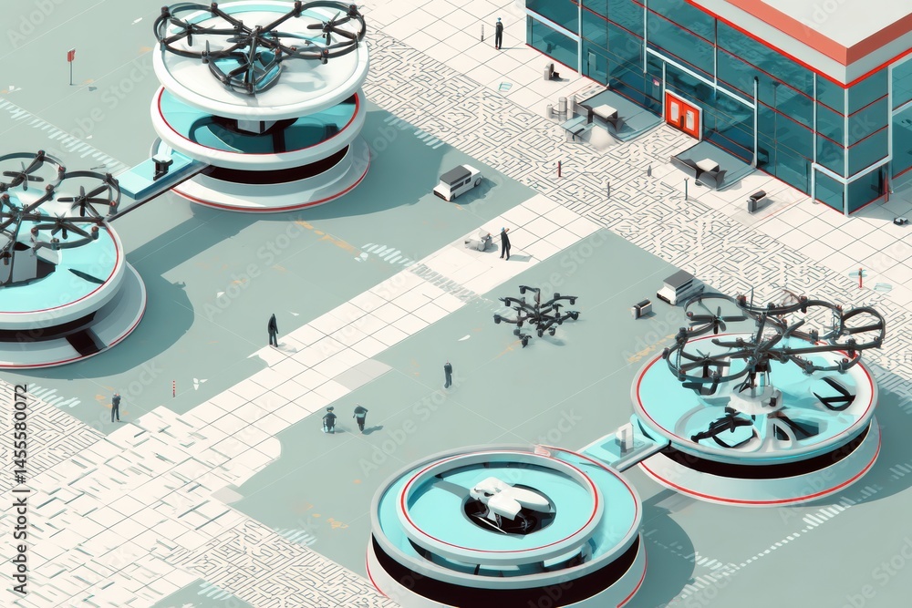 Poster futuristic isometric airport features autonomous drones and hub stations for passenger transport and