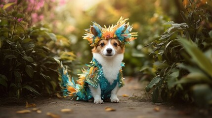 Dog in feathered costume outdoors