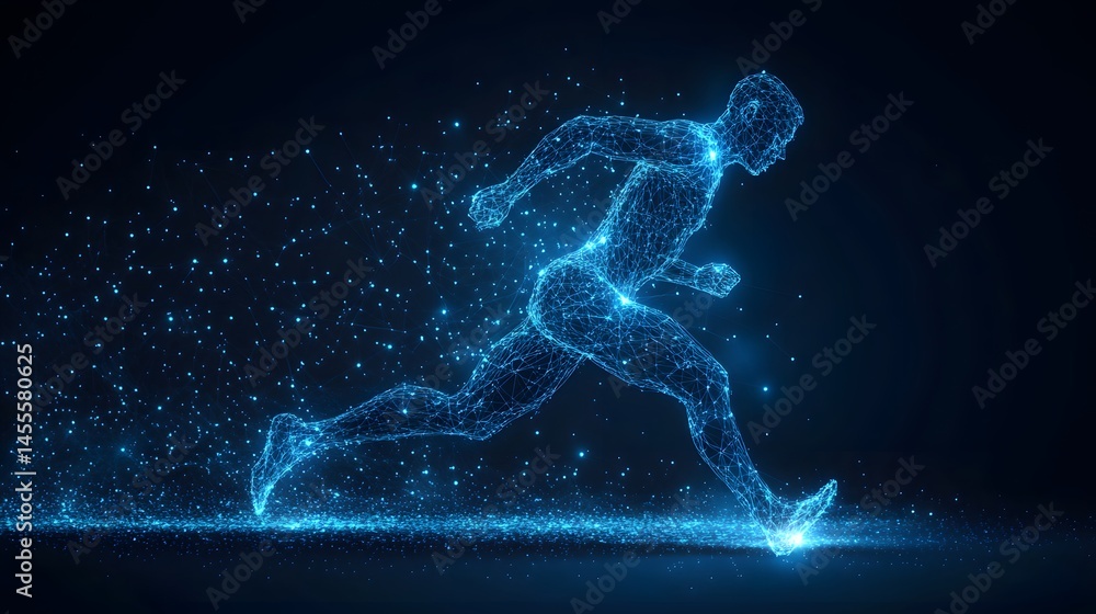 Aufkleber Futuristic runner depicted with glowing blue lines on dark blue. Abstract Digital low-poly wireframe connected dots in dark blue. Dynamic motion and technology.