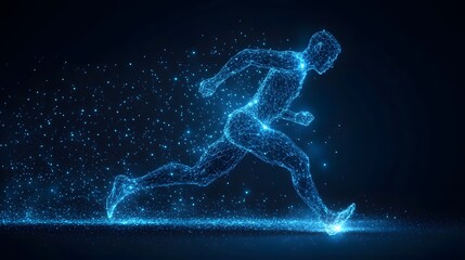 Fototapeta premium Futuristic runner depicted with glowing blue lines on dark blue. Abstract Digital low-poly wireframe connected dots in dark blue. Dynamic motion and technology.