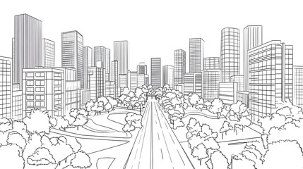 Detailed black and white drawing of a large cityscape scene