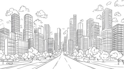 A detailed drawing of a modern city skyline with road and trees