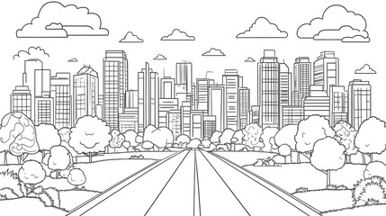 A black and white cityscape with a road and green areas